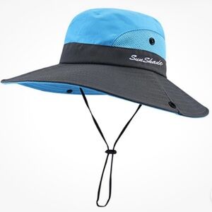 WOMENS FOLDABLE WIDE BRIMMED SUN PONYTAIL HAT FOR FISHING HIKING CAMPING UPF 50+